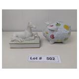 PORCELAIN BISQUE HORSE MUSIC BOX AND PORCELAIN PIG