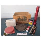 WOODEN WINE BOX, MAGLITE, SAW BLADES, SANDING DISC