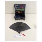 ORIENTAL BLACK LAQUER JEWELRY MUSIC BOX WITH FAN