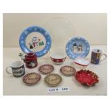 PYREX RED AND WHITE SQUARE BOWL, CHRISTMAS PLATES,