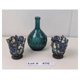 AQUA MARINE BOTTLE AND LEADED GLASS CANDLE HOLDERS