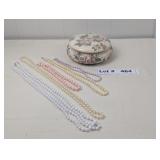 BEADED NECKLACES AND CERAMIC JEWELRY BOX