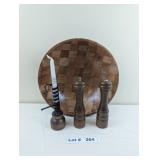 BAMBOO SALAD BOWL, VINTAGE CANDLE HOLDER, SALT & P