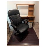 SMALL DESK, OFFICE CHAIR, WOOD CHAIR MAT, AND TRAS