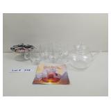 HAND BLOWN GLASS TEA POT AND CUPS WITH TEA STORAGE