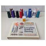 LARGE SPOOLS OF THREAD AND VINTAGE SEWING BOOK