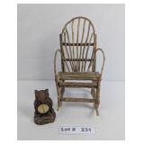 BENT WOOD DOLL ROCKING CHAIR AND VINTAGE OWL THERM