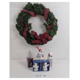 CHRISTMAS WREATH, GLASS AND CERAMIC BELLS, AND POR