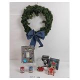 CHRISTMAS WREATH, VINTAGE ORNAMENTS AND CANDLE HOL