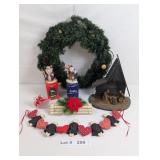 LIGHTED CHRISTMAS WREATH AND CHRISTMAS DECORATIONS