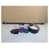EXERCISE BAR 2 LB AND 4 LB WEIGHTS, GLOVES AND LEA
