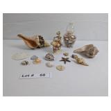 ASSORTED SEA SHELLS AND SHELL ART SCULPTURE
