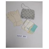 VINTAGE SILVER BEADED CLUTCH PURSE, VINTAGE GLOVES