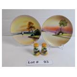 HAND PAINTED JAPANESE PLATES AND SALT & PEPPER SHA