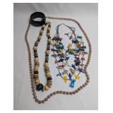 CARVED JADEITTE NECKLACE,  WOOD AND STONE BEADED N