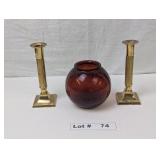 VINTAGE BRASS CANDLE STICKS AND AMBER VASE
