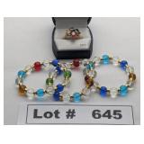 JEWELRY - GOLD AND MULTI COLOR STONE RING AND GLAS