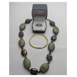 JEWELRY - STONE BEADED NECKLACE, SILVER RING WITH