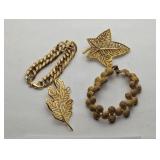 JEWELRY - GOLD PLATED BROOCHES, CHAIN BRACELET AND