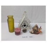 BIRD HOUSES AND FROSTED YELLOW GLASS VASE