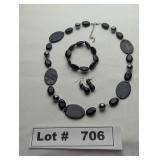 JEWELRY - EBONY BEADED NECKLACE, EARINGS, AND BRAC