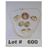 VINTAGE EARINGS, PEARL NECKLACE, AND CAMEO RING