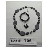 JEWELRY - EBONY BEADED NECKLACE, EARINGS, AND BRAC