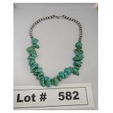 NAVAJO SILVER BEADS AND TURQUOISE NECKLACE - RESER