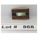 BRASS WITH WOOD, MOTHER OF PEARL AND TURQUOISE