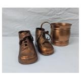 ANTIQUE BRONZED BABY SHOES AND COPPER CUP
