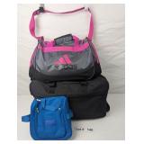 WHEELED DUFFLE TRAVEL BAG, ADIDAS GYM BAG, AND DEN
