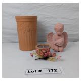 TERRACOTTA UTENSIL HOLDER/VASE, CANDLE, AND TERRAC