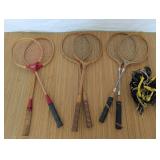 VINTAGE WOODEN BADMINTON RACKETS AND NET