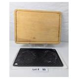 CAST IRON GRIDDLE AND WOODEN CUTTING BOARD