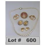 VINTAGE EARINGS, PEARL NECKLACE, AND CAMEO RING