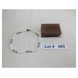 SHELL/STONE NECKLACE AND WOODEN JEWELRY BOX