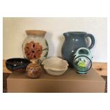 Beaumont Bros Pottery Blue Pitcher White Dish