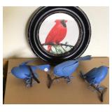 Wood Framed Wall Cardinal and Metal Blue Bird