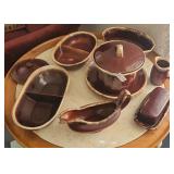 Brown Drip Hull Stoneware Serving Dish 2 Plates