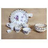 Violet Tea Set Lot Miniature Ceramic Woven Basket