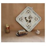 Mixed Metal Rooster Tray Stoneware Butter Dish