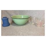 Green Enamel Bowl, Glass Measuring Cups, Blue