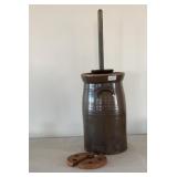 Butter Churn Crock (repaired cracked) with Lid and