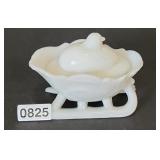 Chick & Egg on Sleigh Covered Dish Milk Glass