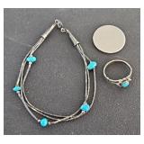 Sterling Silver Turquoise Ring and Bracelet 5.7g