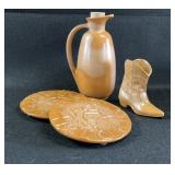Pottery Frankoma Brown Boot Bottle Trivet Lot