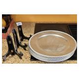 8 Silver Chargers 3 Black Easel Plate Stands