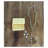 Vintage Iridescent Crystal Beads, Crucifix Medal