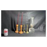 Wooden Brass Candlestick Oil Lamp Lot