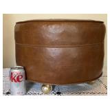 BROWN NAUGAHYDE ROUND OTTOMAN FOOT STOOL VINTAGE